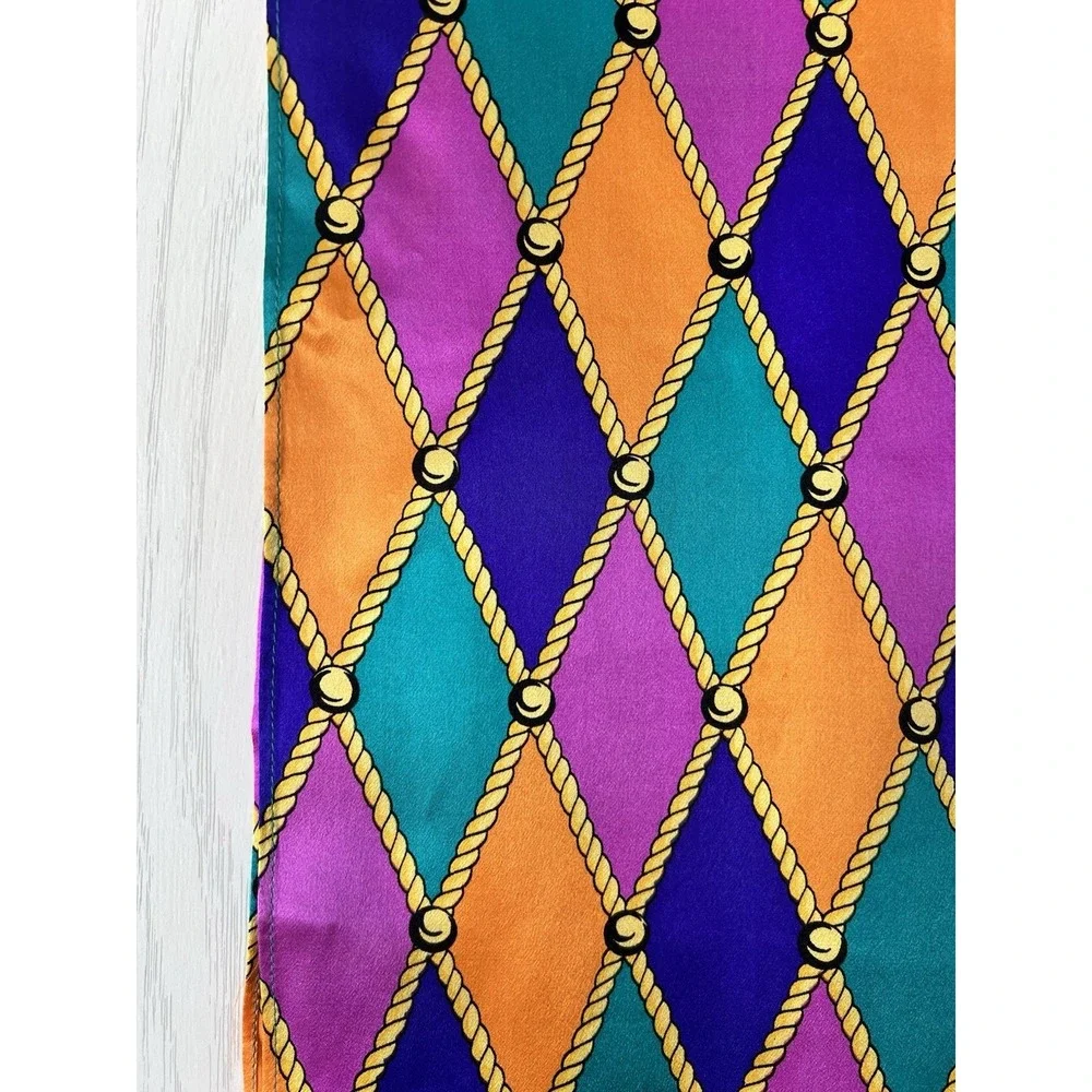 Vintage St John 100% Silk Scarf Harlequin Diamond Gold Rope Colorful